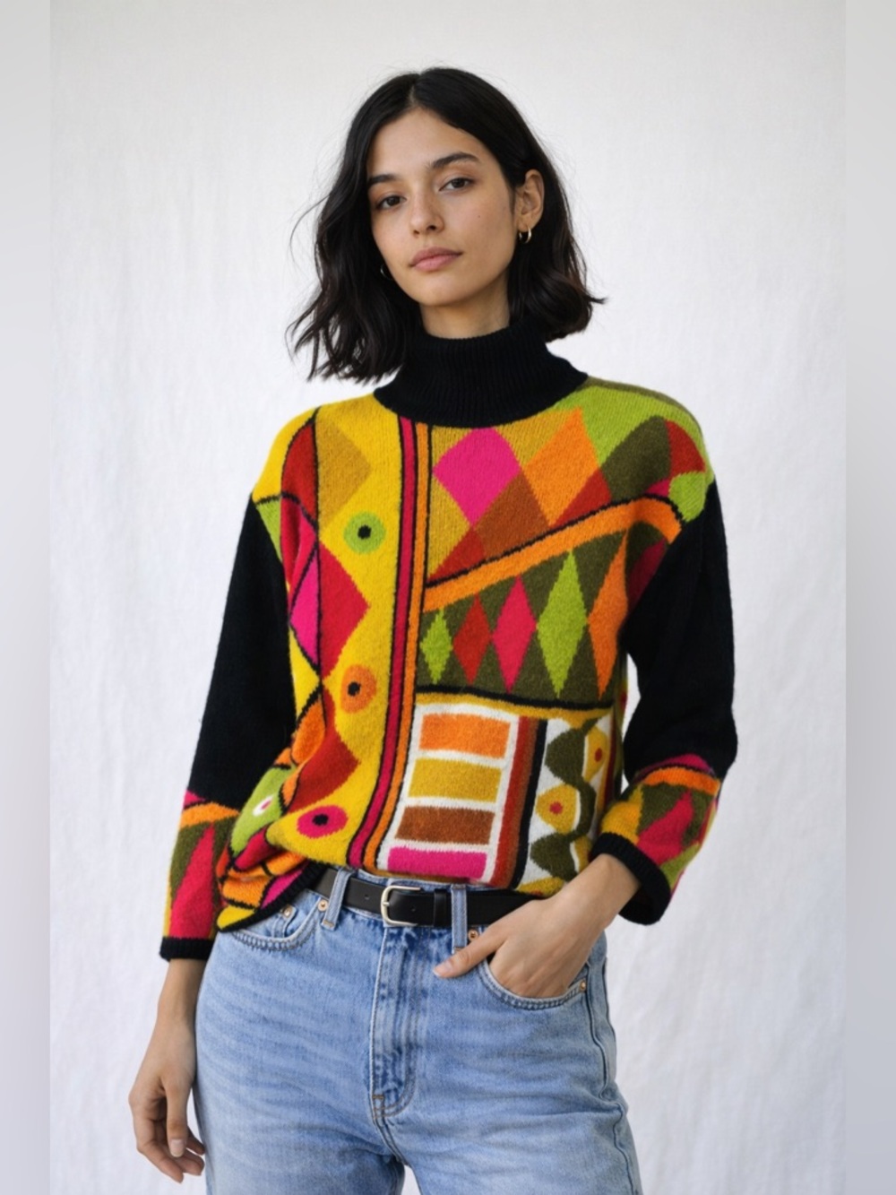 Vintage 80s Kitty Hawk by Vivian Wang Multicolored Geometric Sweater